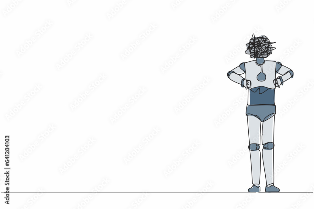 Poster single one line drawing robot with round scribbles instead of head, standing and showing thumbs down