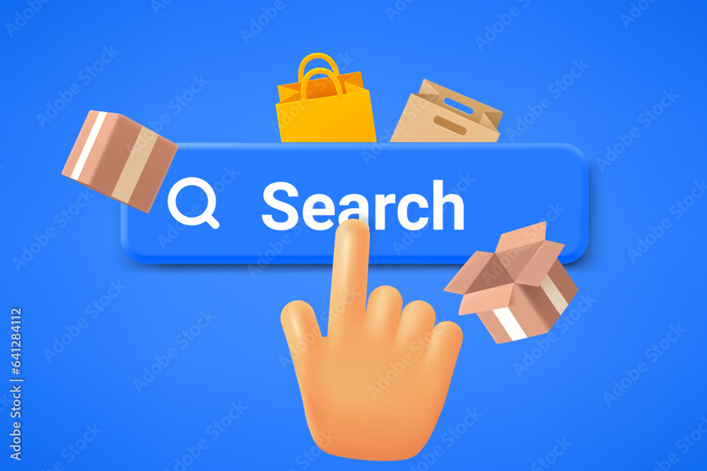 Poster hand pressing search button. internet searching concept. 3d vector illustration