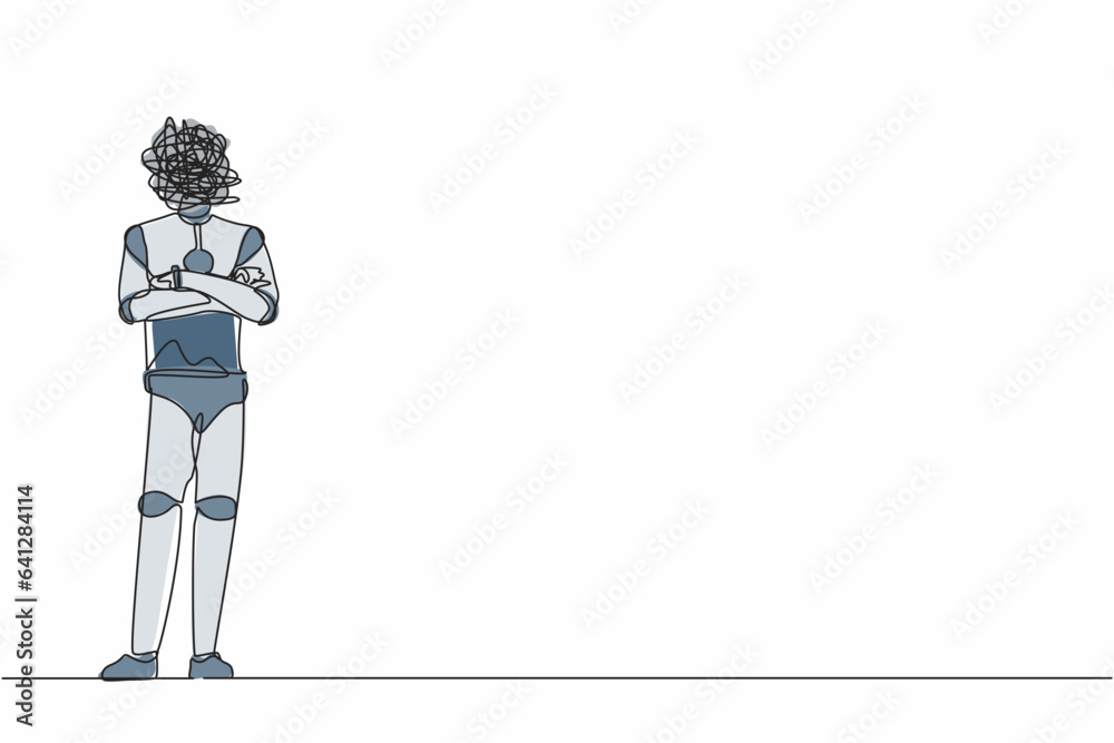Poster continuous one line drawing robot with round scribble instead of head, standing with folded arms pos