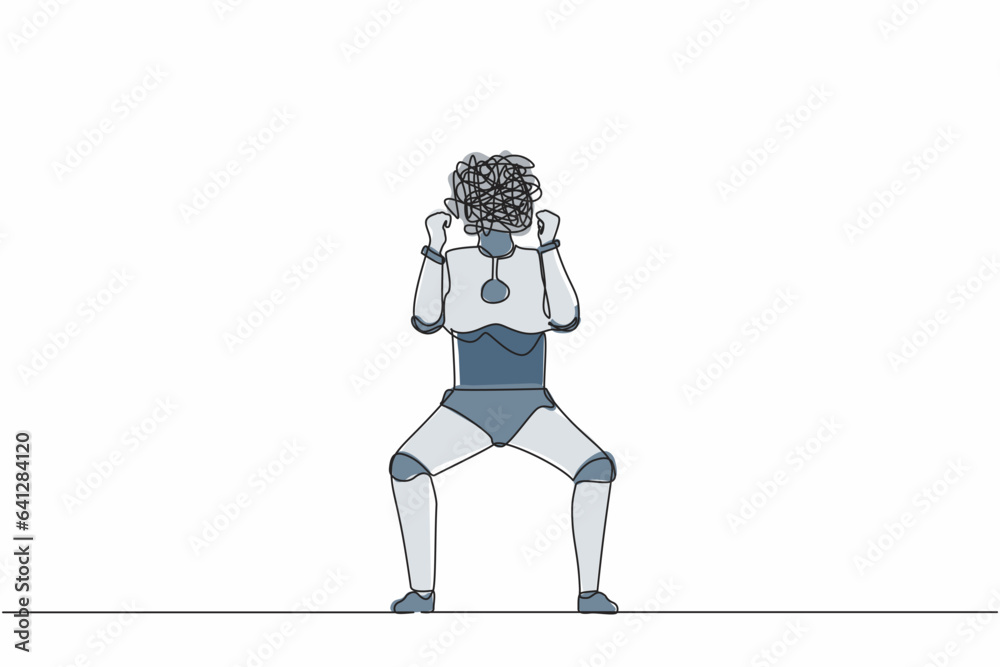 Poster single continuous line drawing robot with round scribbles instead of head. angry robot raised fist. 