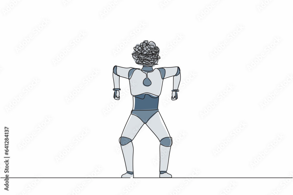 Poster single continuous line drawing robot with round scribbles instead of head. emotional robot in rage. 