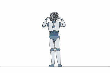 Continuous one line drawing robot with round scribbles instead of head, covering his ears with fingers avoiding loud noise. Robotic artificial intelligence. Single line draw design vector illustration