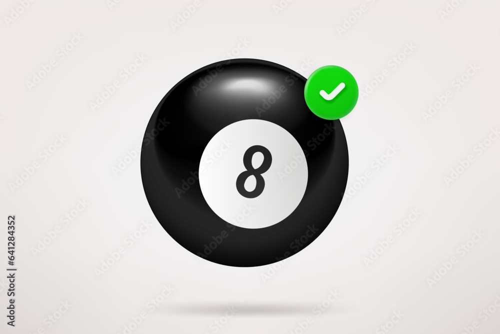 Poster billiard ball with green checkmark. 3d vector icon