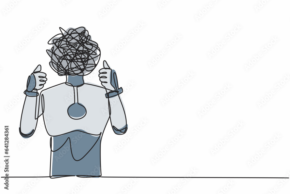 Poster continuous one line drawing robot with round scribbles instead of head. confused robot showing thumb