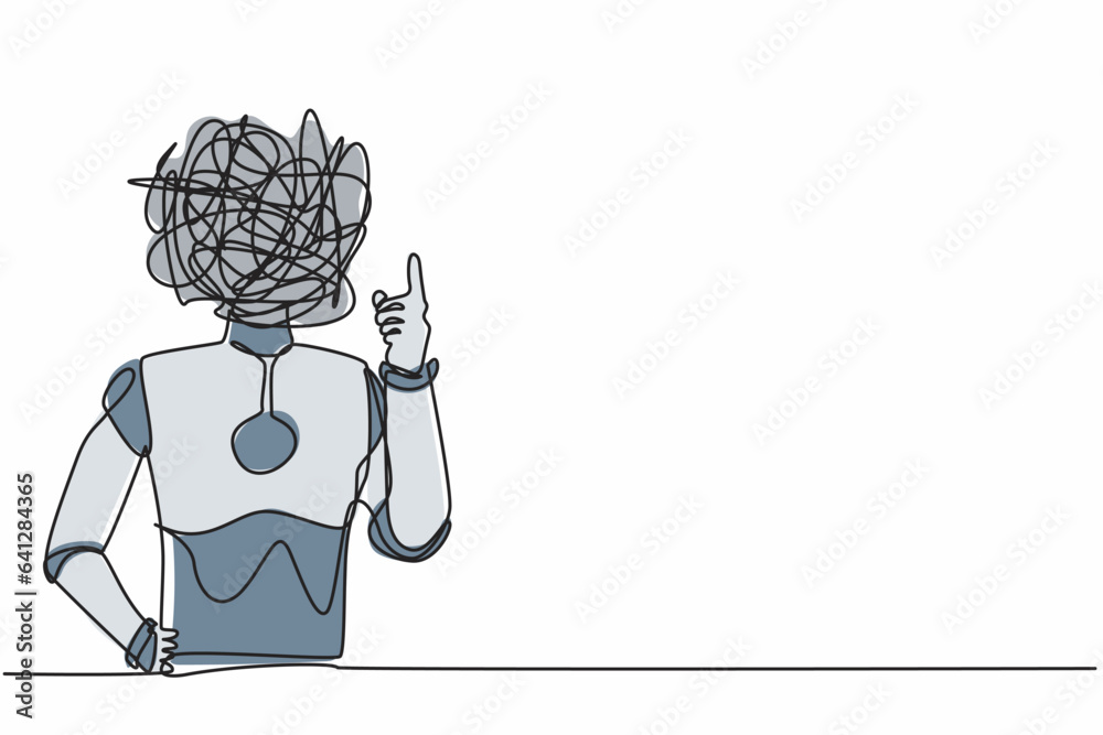 Poster continuous one line drawing robot with round scribbles instead of head, showing index finger, repres