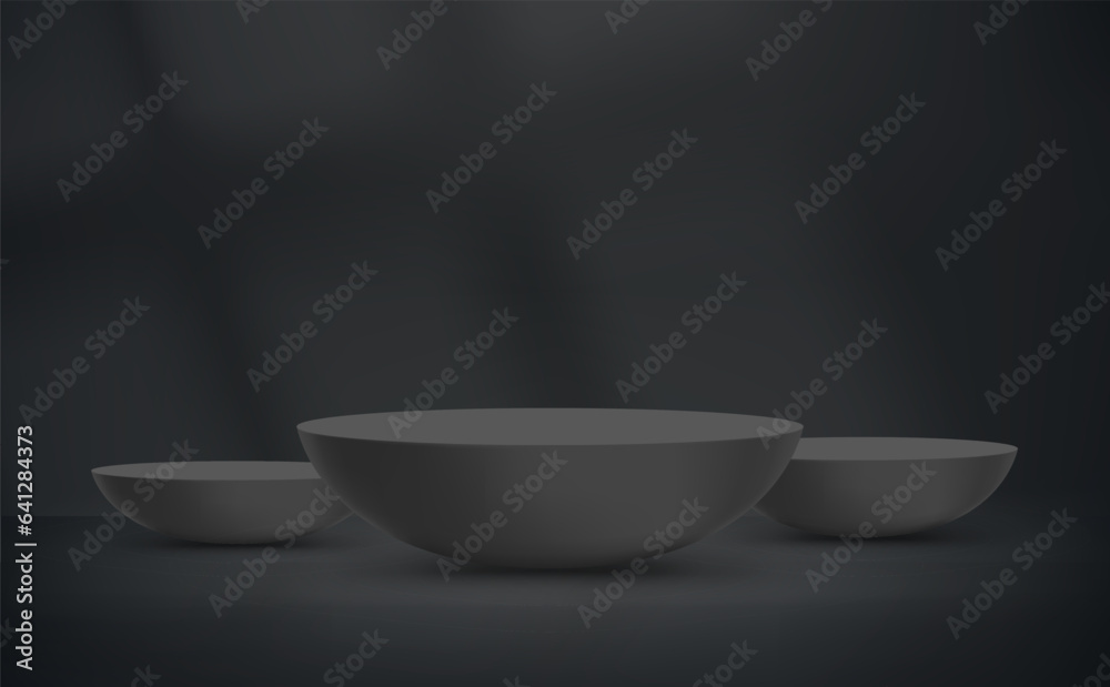 Poster black interior with light of a window and circle podiums. vector 3d illustration with shadow overlay