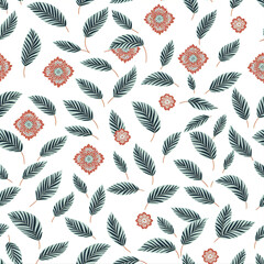 Seamless Leaf and Floral Harmony: Coral Pink Blossoms on Deep Green Leaves