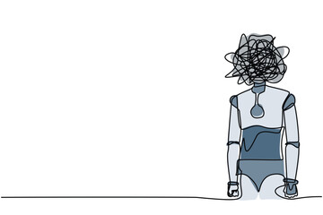 Single one line drawing robot with round scribbles instead of head, frustrated. Anxiety, confusion in thoughts. Future technology development. Continuous line draw design graphic vector illustration