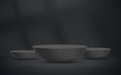Black interior with light of a window and circle podiums. Vector 3d illustration with shadow overlay effect