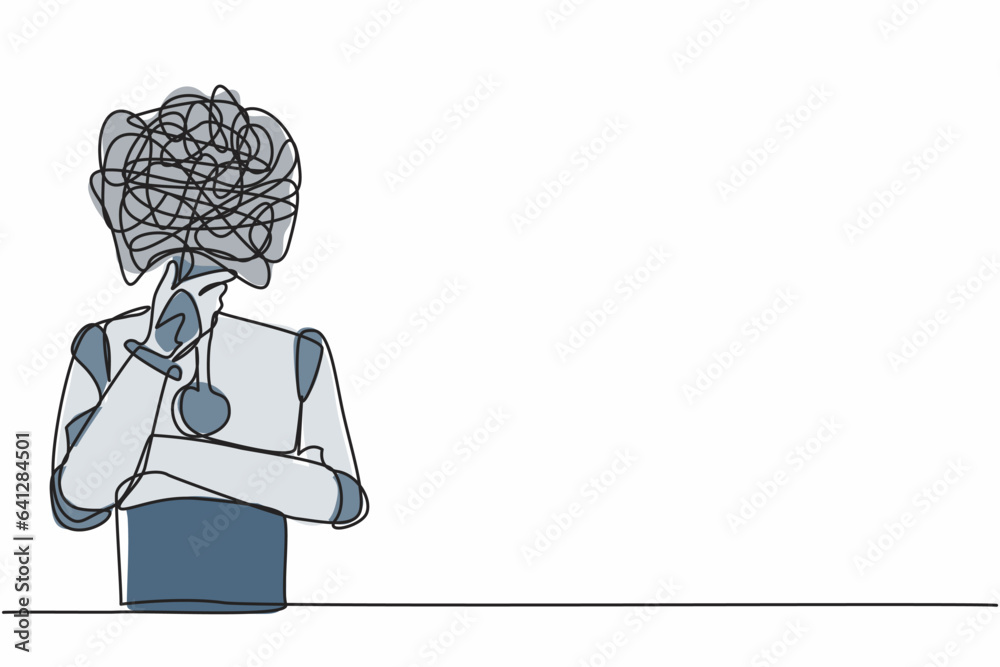 Poster single continuous line drawing robot with round scribbles instead of head, standing in thoughtful po