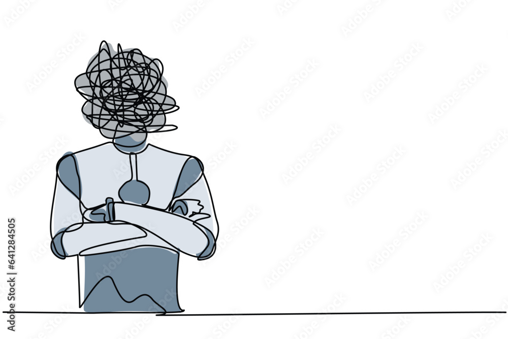 Poster single one line drawing robot with round scribbles instead of head, keeping arms crossed. robot stan