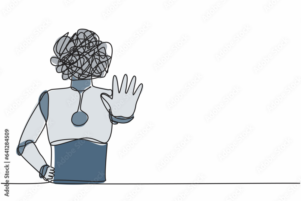 Poster continuous one line drawing robot with round scribbles instead of head, making stop gesture sign wit