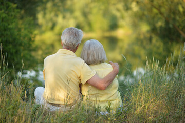 Elderly couple sits together on the grass in summer. Rear view.