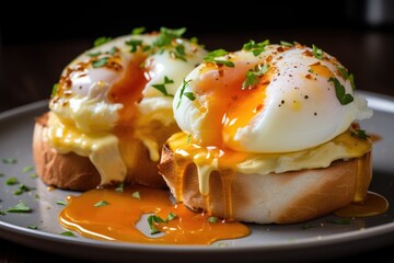 Eggs Benedict- toasted English muffins, poached eggs, and delicious buttery hollandaise sauce. AI Generated