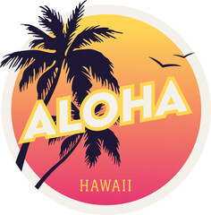 Digital png of aloha hawaii text with palm trees and birds on sunset on transparent background © vectorfusionart