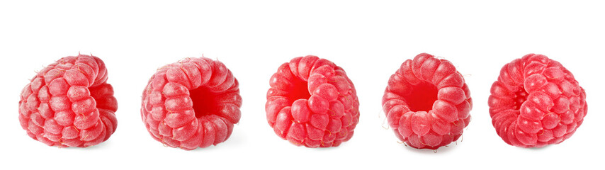 Set with fresh ripe raspberries isolated on white
