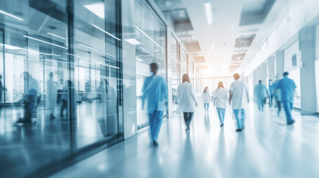 Doctor and nurse people in hospital interior or clinic corridor for background, abstract blurred image, laboratory, science experiment, health care and medical technology concept, Generative AI