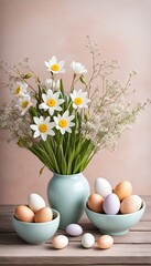 White Daffodils and Easter Eggs on a Wooden Table
