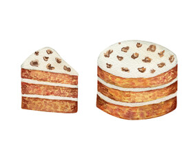 et of watercolor sweet sponge cakes with nuts top. Colorful whole carrot cake and slice with home made cream. Hand-drawn illustration isolated on transparent.