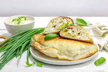 Homemade patty pies with cottage cheese and greens. High protein food, gluten free bakery