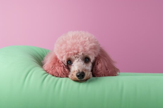 pink poodle on green. home environment. pink and green palette