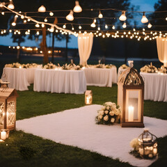 Golden Hour Romance: Outdoor Wedding with Candles, Embracing Sunset's Warm Glow. AI generated