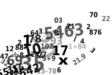 Digital png illustration of black and grey numbers and sums on transparent background
