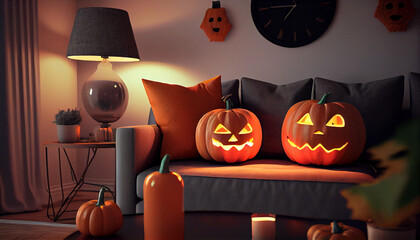 Halloween pumpkin on the interior, holidays, decoration and party concept - home room with jack-o-lanterns or pumpkins on sofa and halloween decorations, Ai generated image 
