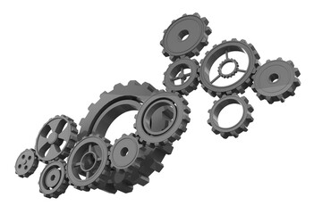 Digital png illustration of interlinked grey cogs on transparent background