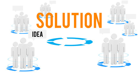 Digital png of solution, idea text with people icons and speech bubbles on transparent background