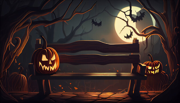 illustration of a spooky forest sunset with a haunted evil glowing eyes of Jack O' Lanterns on the left of a wooden bench , Ai generated image 