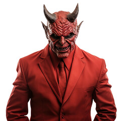 Halloween costumes -  Front view mid shot of white man dressed as devil isolated on white transparent background