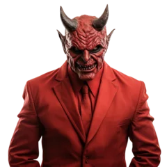Foto op Canvas Halloween costumes -  Front view mid shot of white man dressed as devil isolated on white transparent background © SuperPixel Inc