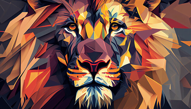 Geometric abstract lion head portrait with the face in a polygon abstract pattern, computer Generative AI stock illustration image