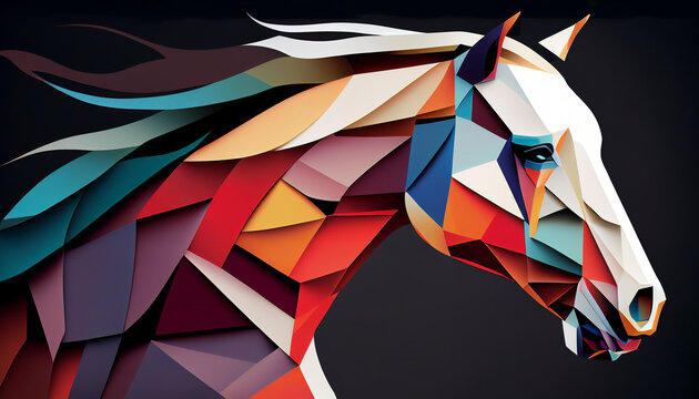 Geometric horse head with the face in a polygon abstract pattern which could be used as a poster or flyer isolated on a black background, computer Generative AI stock illustration image