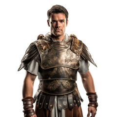 Fototapeta premium Halloween costumes - Front view mid shot of white man dressed as roman warrior isolated on white transparent background