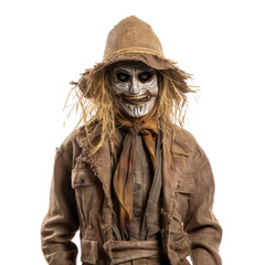 Halloween costumes -  Front view mid shot of white man dressed as scarecrow isolated on white transparent background - obrazy, fototapety, plakaty