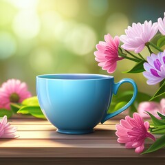 Fototapeta na wymiar Tea and flowers, Cup tea on wooden table in summer garden outdoor. Herbal tea and flowers. Generative ai illustration