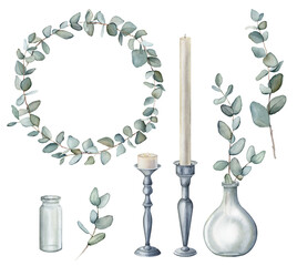 Set of White candles for Eucalyptus, bouquet in a vase. Watercolor hand painting illustration on isolate white background. Clipart. Aromatherapy and relax in spa and home decor.