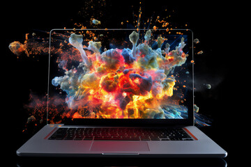 Laptop bursting with an explosion of vibrant technicolour colours causing computer stress and frustration through overwork and networking on the internet, Generative AI stock illustration image - obrazy, fototapety, plakaty