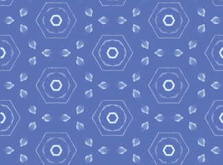 Digital png illustration of hexagons and flowers repeated on blue on transparent background