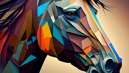 Geometric horse head with the face in a polygon abstract pattern which could be used as a poster or flyer isolated on a black background, computer Generative AI stock illustration image - obrazy, fototapety, plakaty