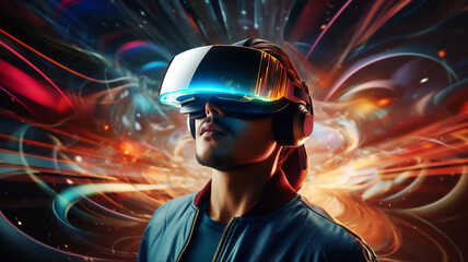 A male wearing a virtual reality headset to immersive in a digital realm where sensory feedback and interactive experiences redefine reality, computer Generative AI stock illustration image