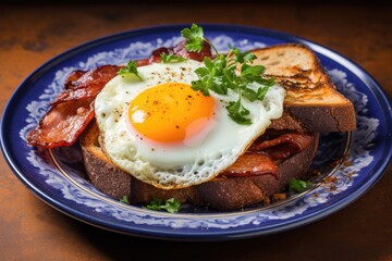 Traditional full English breakfast with fried eggs, sausages, beans, grilled tomatoes and bacon. AI Generated