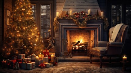 Interior of luxury classic living room with Christmas decor. Blazing fireplace, garlands and burning candles, elegant Christmas tree, gift boxes, bookcase. Christmas and New Year celebration concept.
