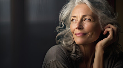 Portrait of a beautiful mature woman. With long white hair, she poses in a natural way.