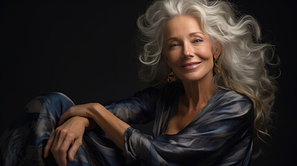 Naklejka premium Portrait of a beautiful mature woman. With long white hair, she poses in a natural way.
