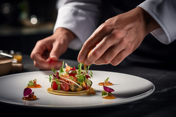 Obraz na płótnie Canvas A chef arranging food on a plate close up shot