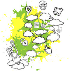 Digital png illustration of clouds with icons over stains on transparent background
