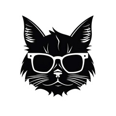 Fototapeta premium Cool Cat with Sunglasses Isolated, Hipster Animal Black Silhouette Icon, Fashionable Pet on White Background